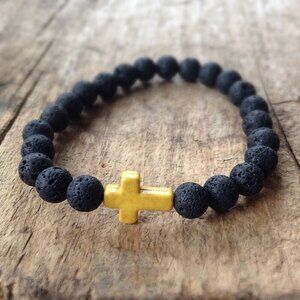 Yellow Cross Black Lava Stone Beaded Stretch Bracelet 10mm beads - 8 inches